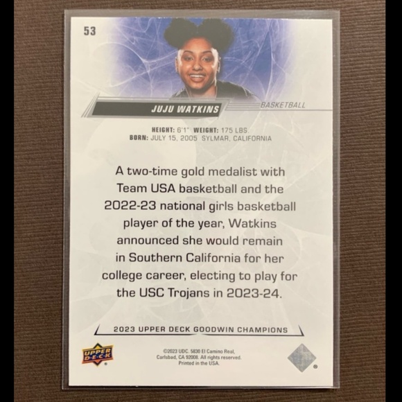 🔥🏀JUJU WATKINS ROOKIE BASKETBALL CARD • 2023 UPPER DECK VARIATION PARALLEL #53 - Picture 2 of 4